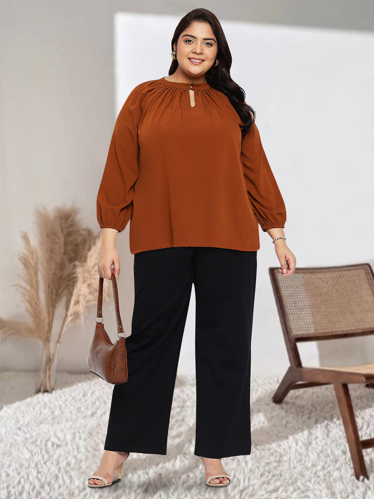 Women Black White Plus Size Buttoned Tunic Top