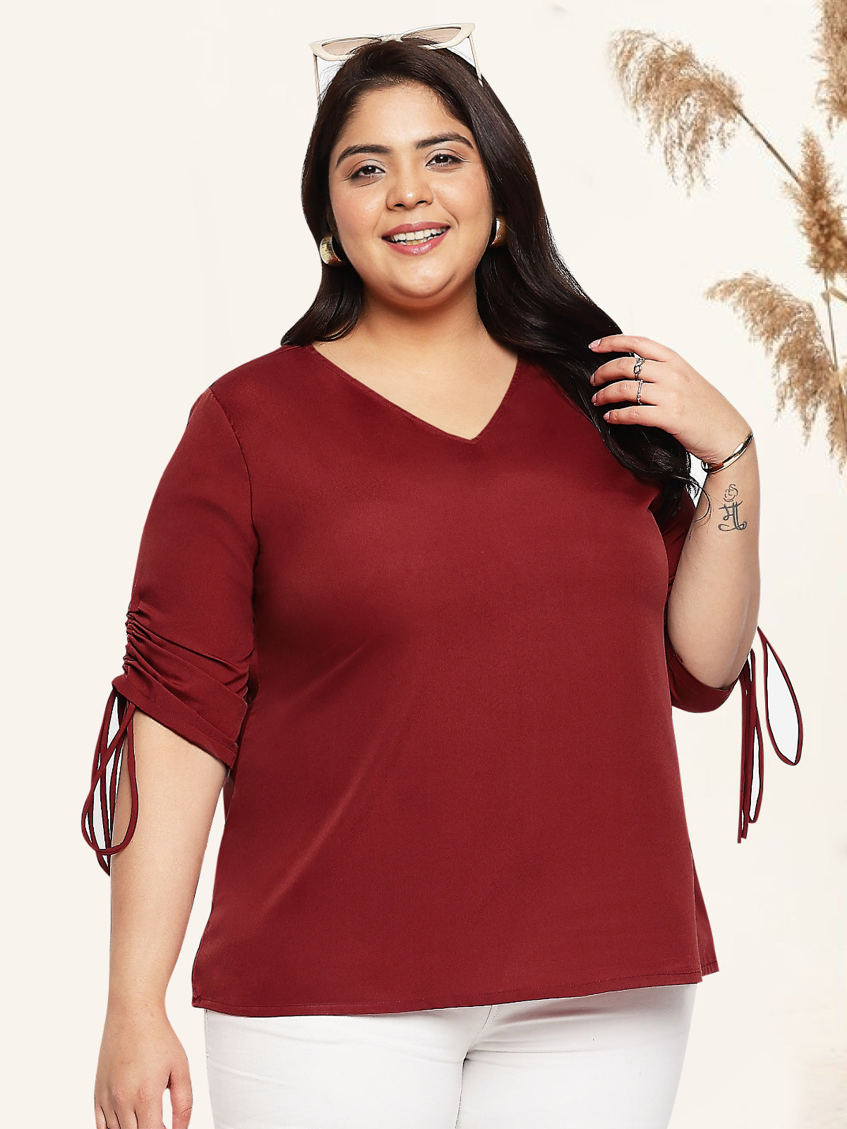 Maroon Plus Size Drawstring Sleeve Top