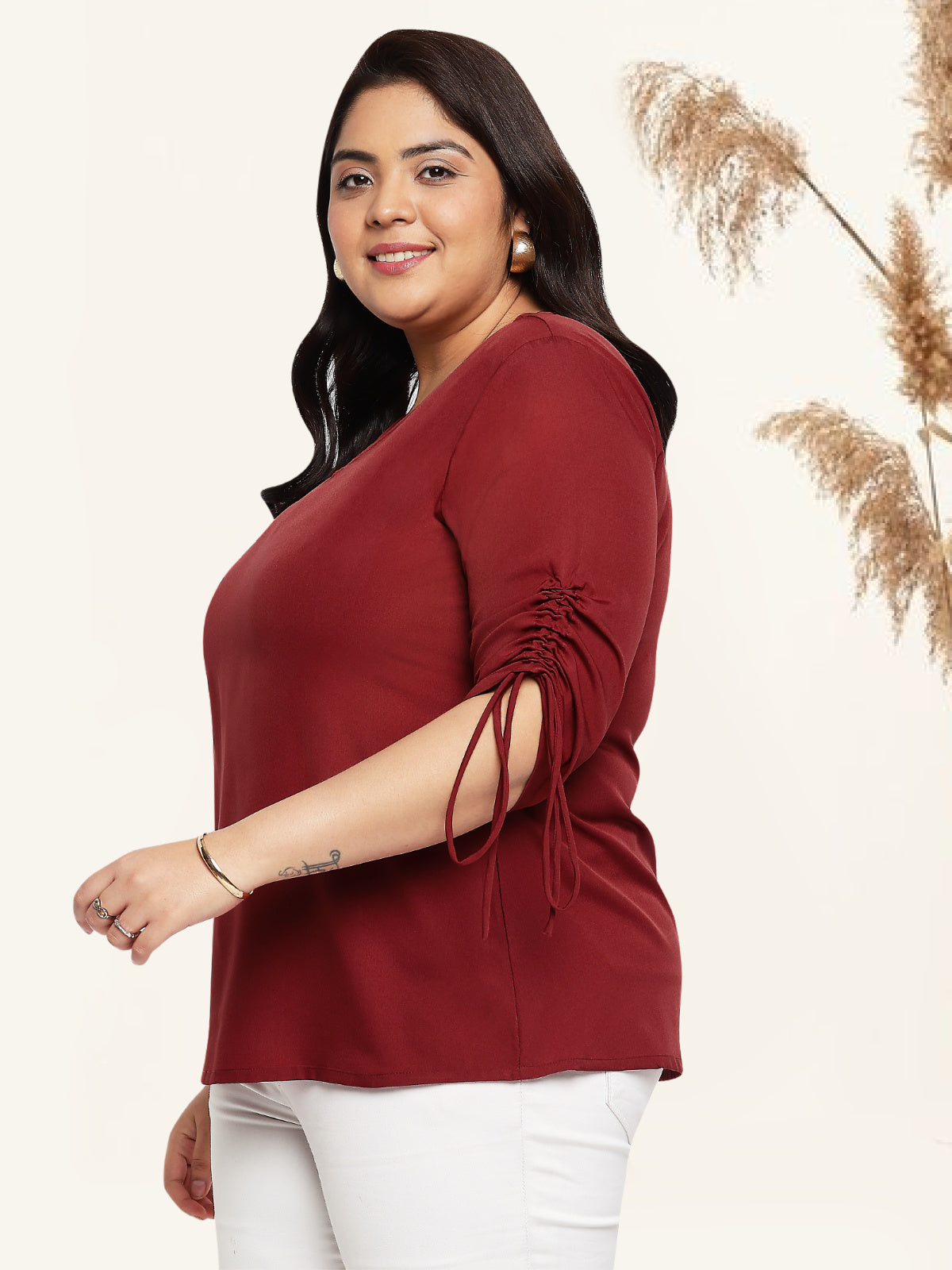 Maroon Plus Size Drawstring Sleeve Top