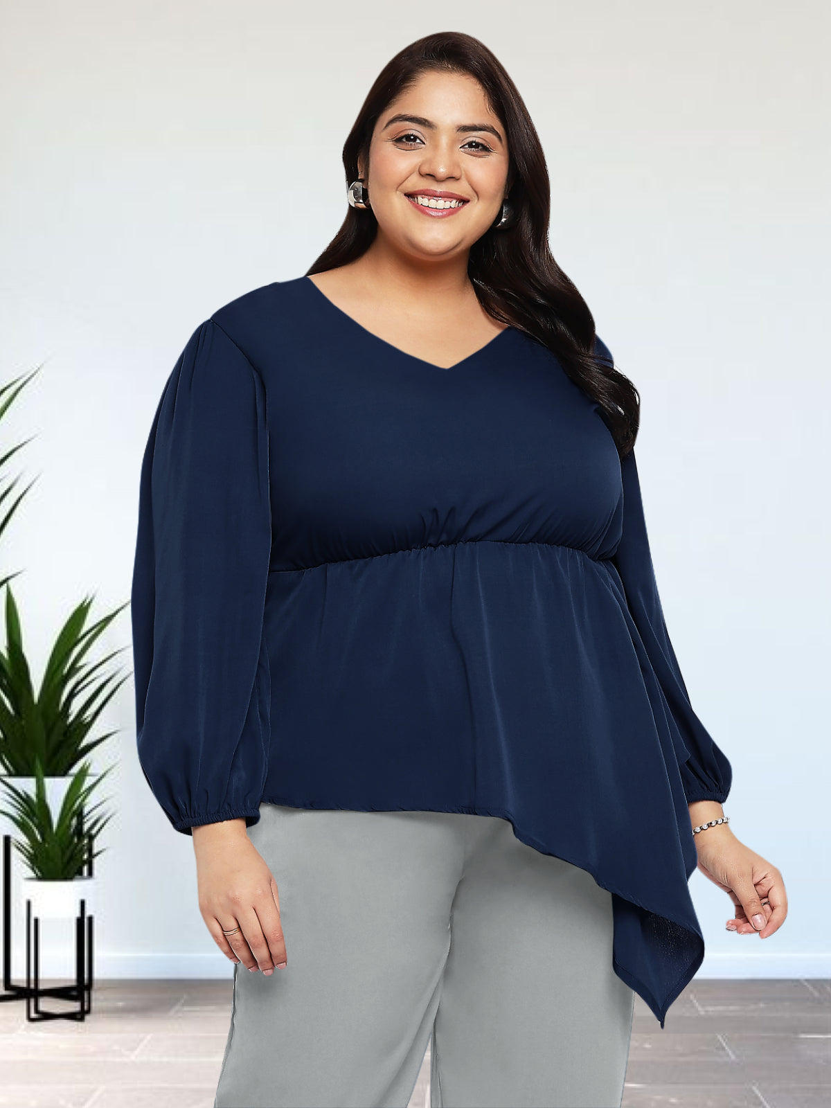 Women Black White Plus Size Buttoned Tunic Top
