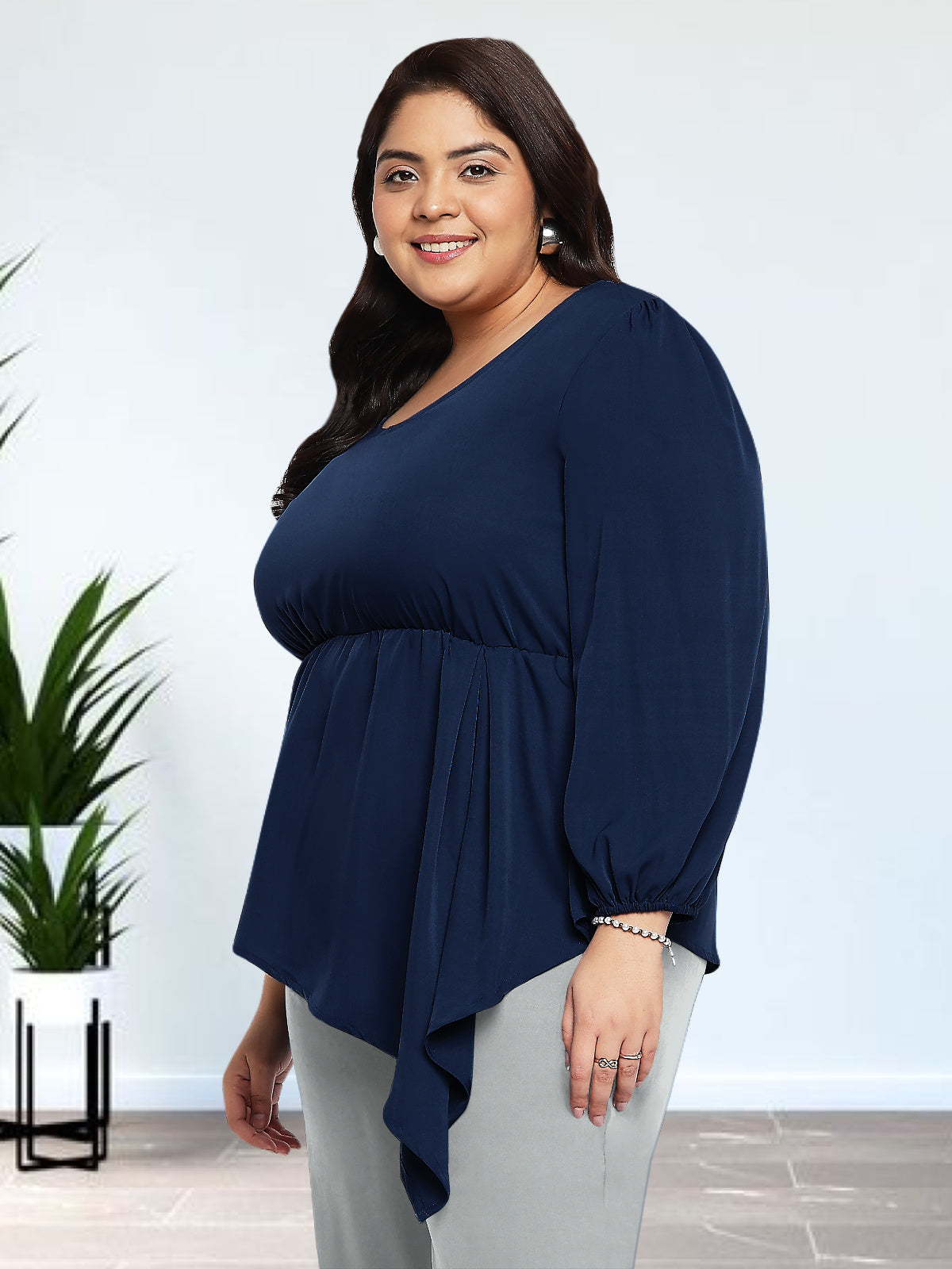 Women Black White Plus Size Buttoned Tunic Top