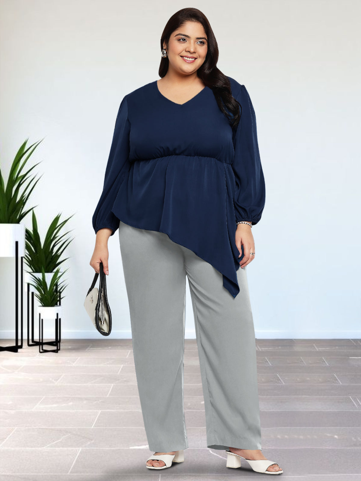 Women Black White Plus Size Buttoned Tunic Top