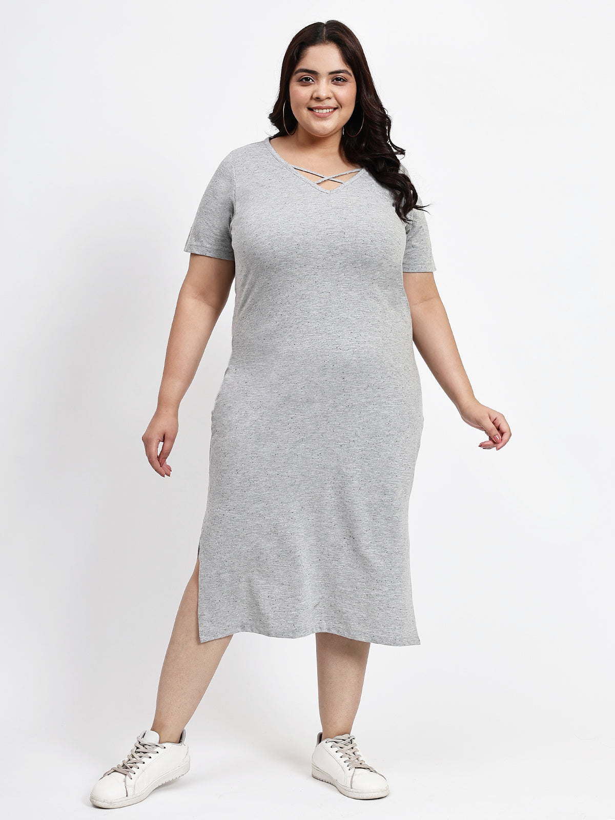 Women Grey Plus Size Shift Cotton Dress