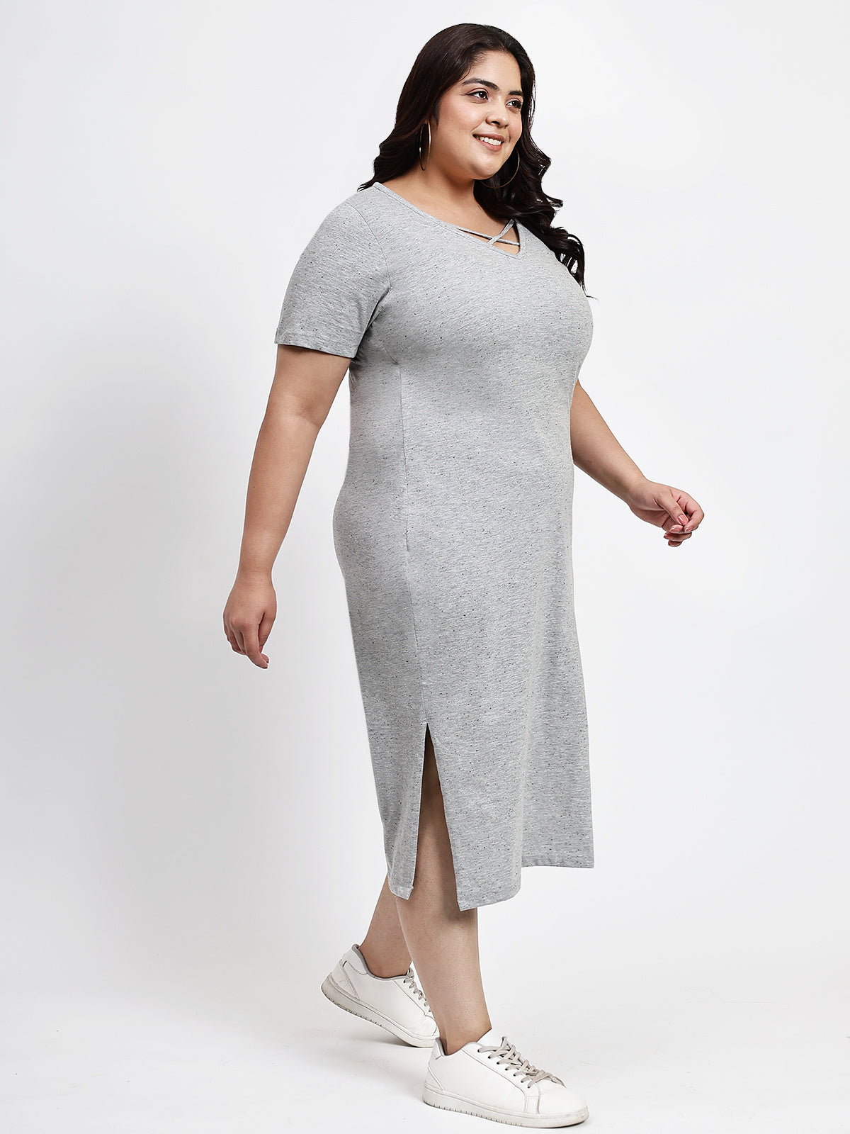 Women Grey Plus Size Shift Cotton Dress