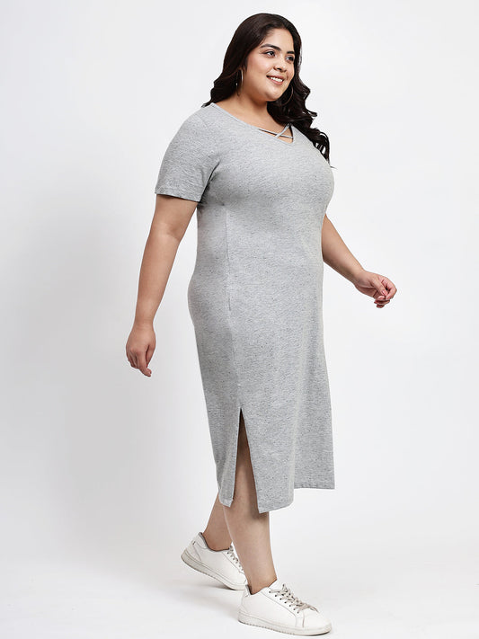 Women Grey Plus Size Shift Cotton Dress