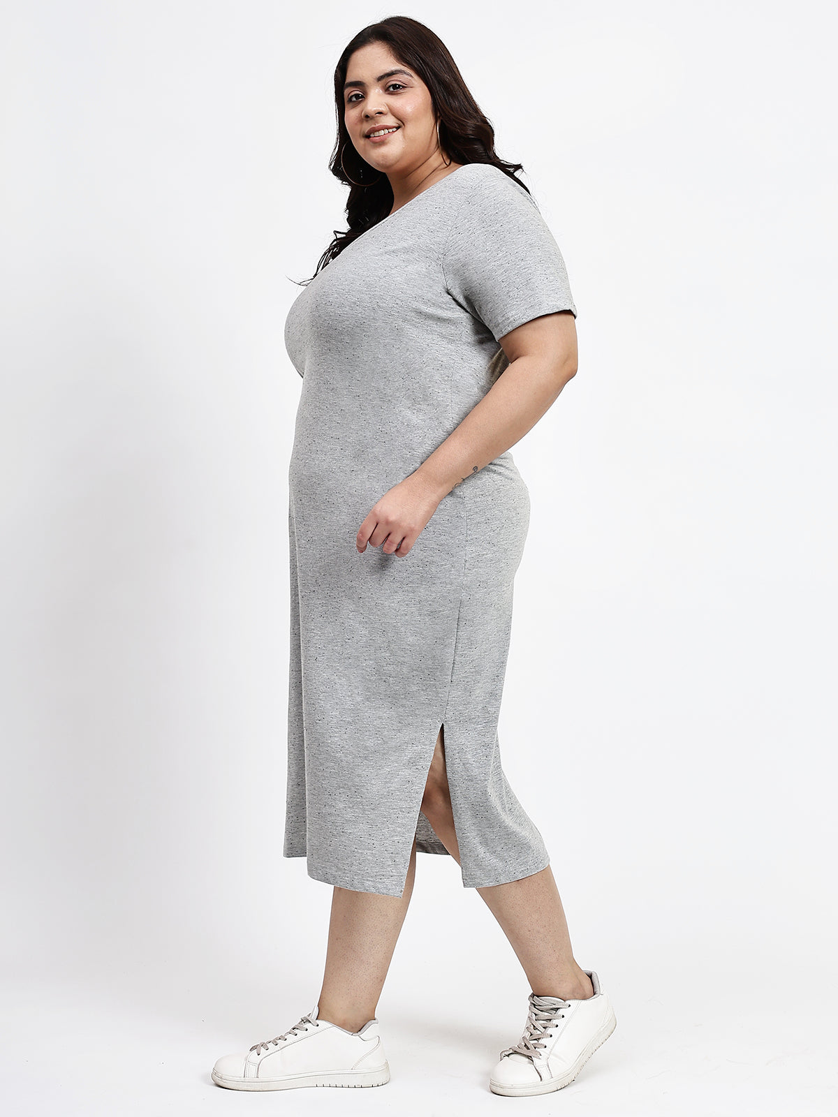 Women Grey Plus Size Shift Cotton Dress