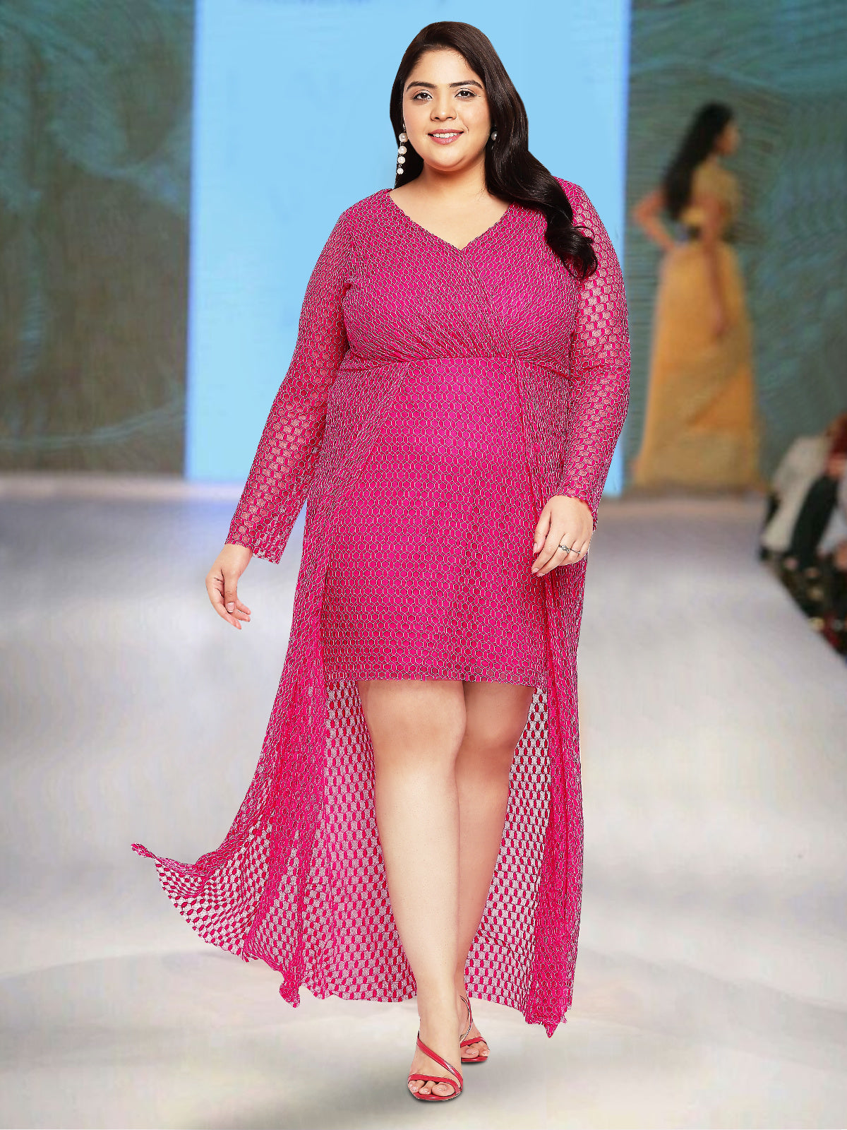 Women Pink Plus Size Overlay Lace Dress