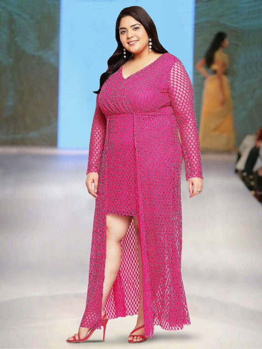 Women Pink Plus Size Overlay Lace Dress