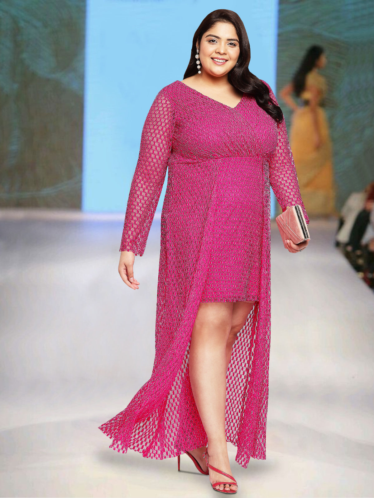 Women Pink Plus Size Overlay Lace Dress