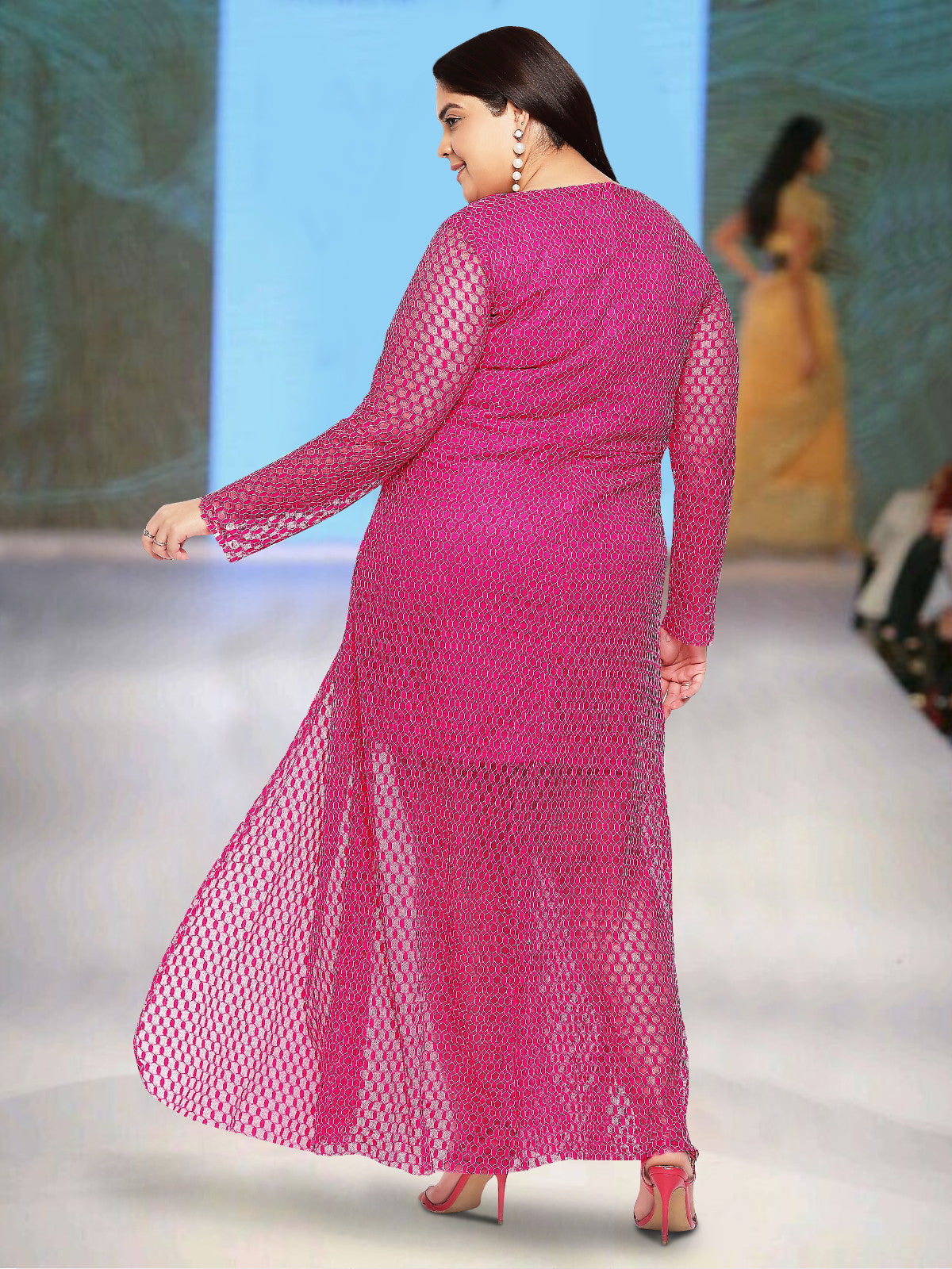 Women Pink Plus Size Overlay Lace Dress