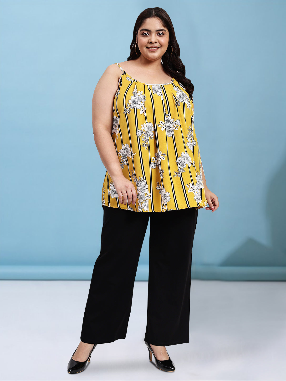 Women Black White Plus Size Buttoned Tunic Top