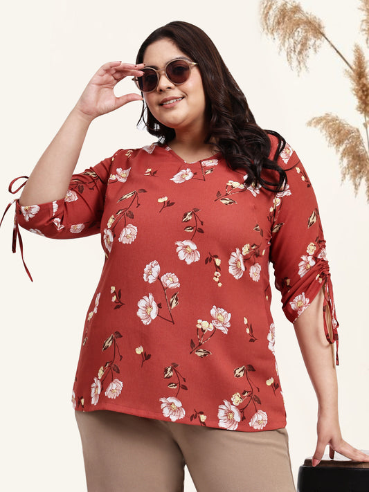 Rust Plus Size Drawstring Sleeve Top