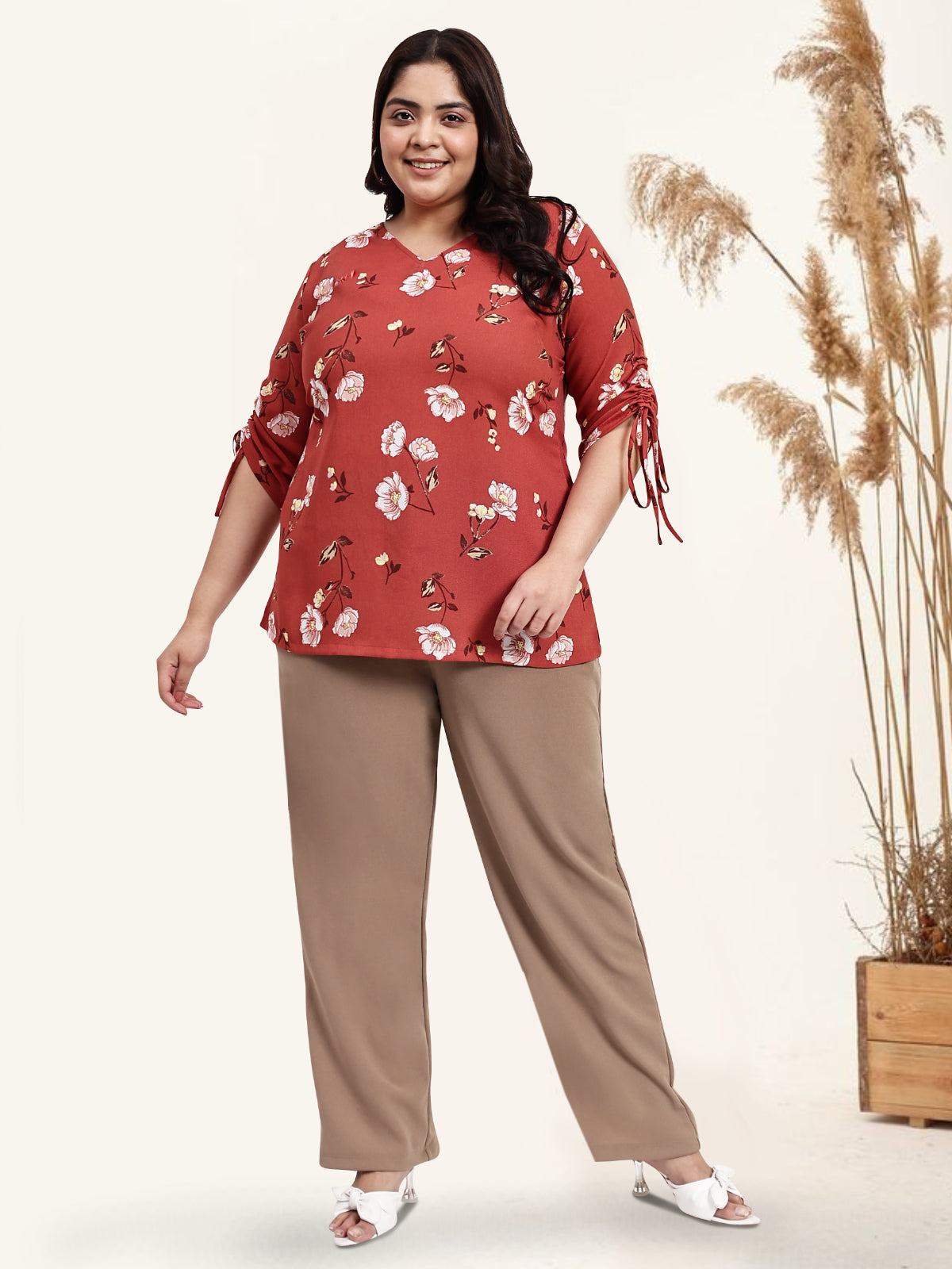 Rust Plus Size Drawstring Sleeve Top