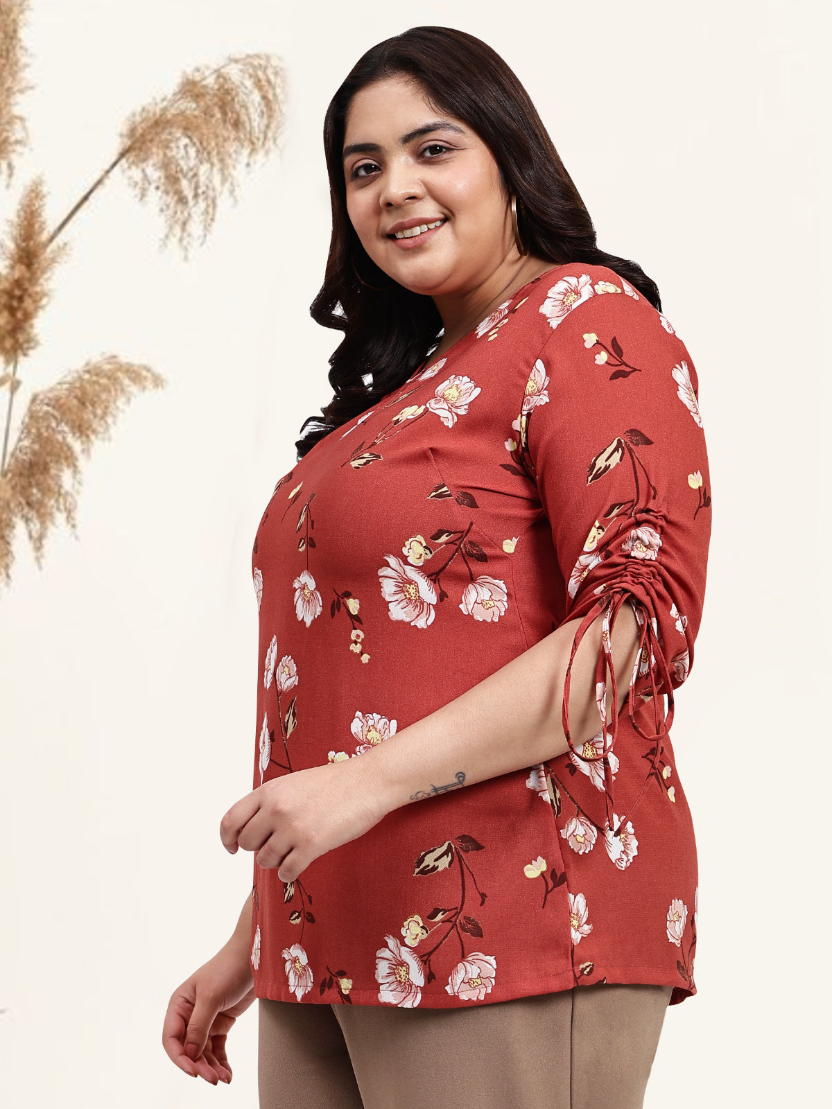 Rust Plus Size Drawstring Sleeve Top