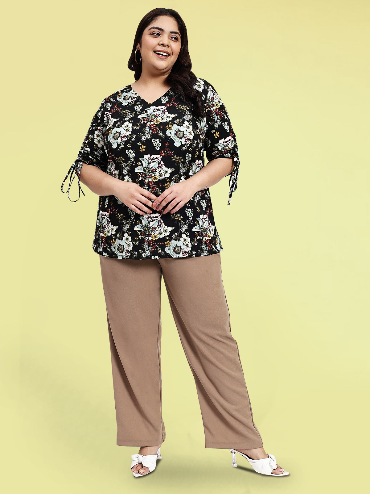 Women Black White Plus Size Buttoned Tunic Top