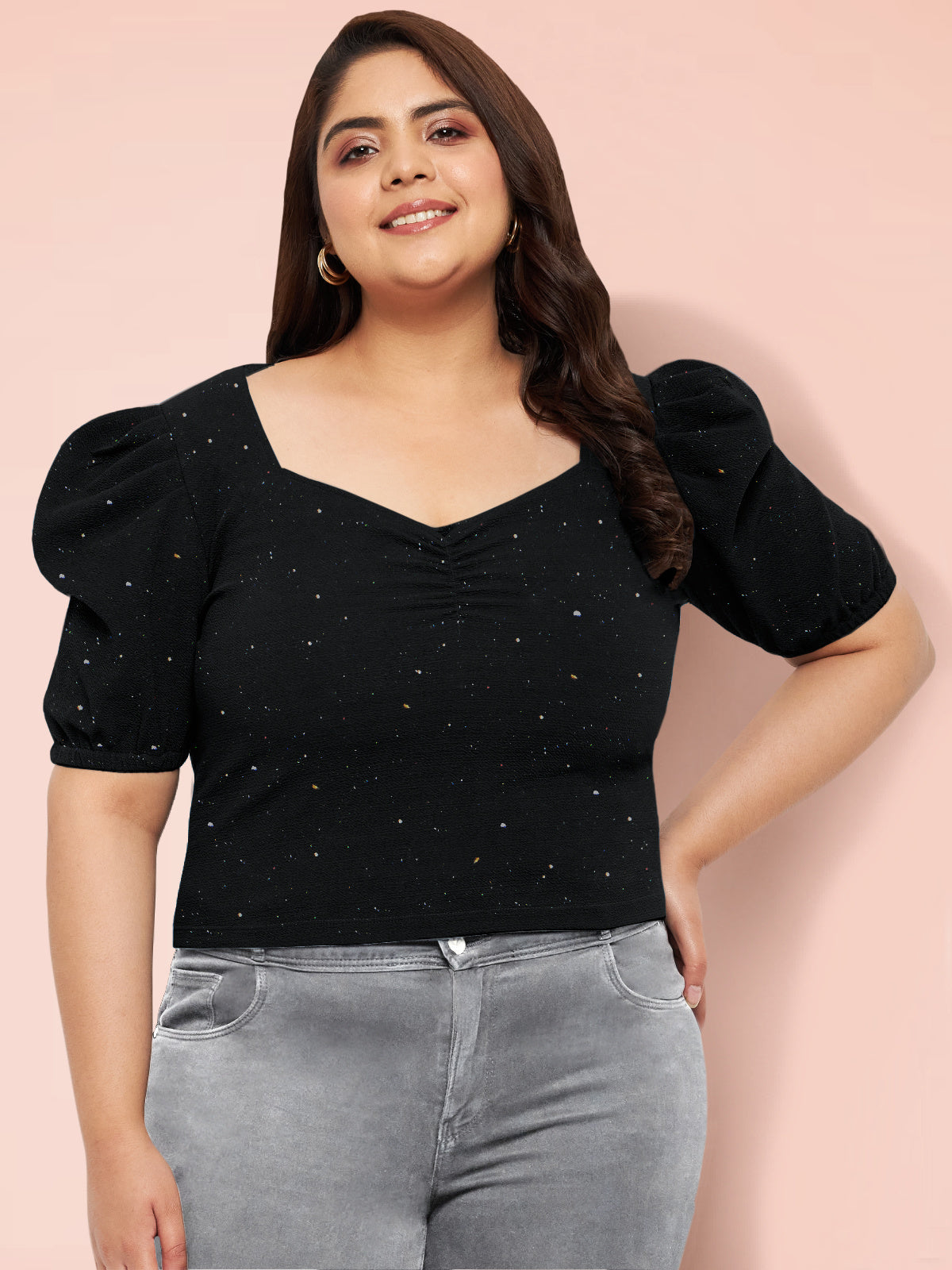Women Black White Plus Size Buttoned Tunic Top
