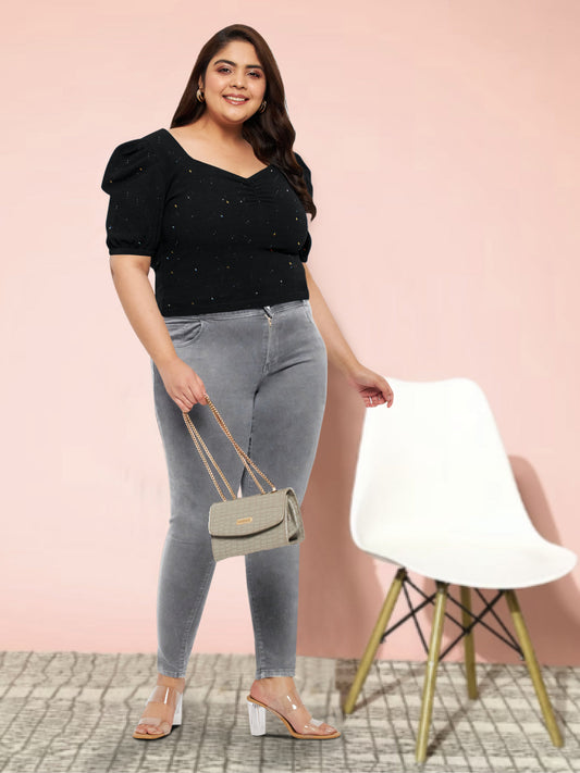 Women Black White Plus Size Buttoned Tunic Top