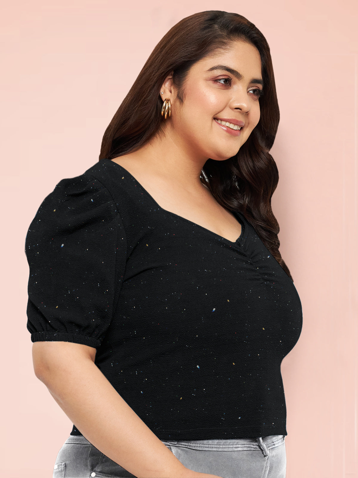 Women Black White Plus Size Buttoned Tunic Top