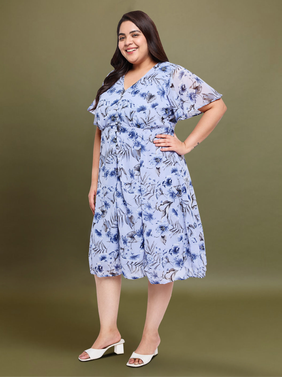 Light Blue Curve Plus Size Printed Dress