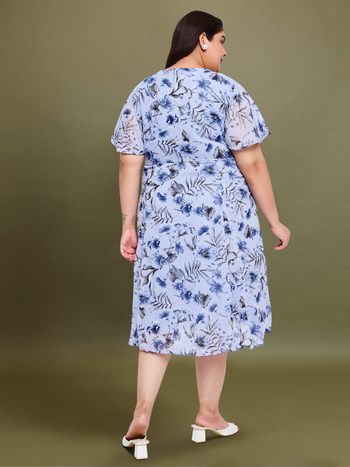 Light Blue Curve Plus Size Printed Dress
