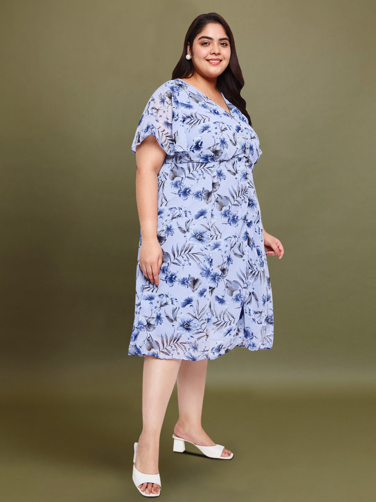 Light Blue Curve Plus Size Printed Dress