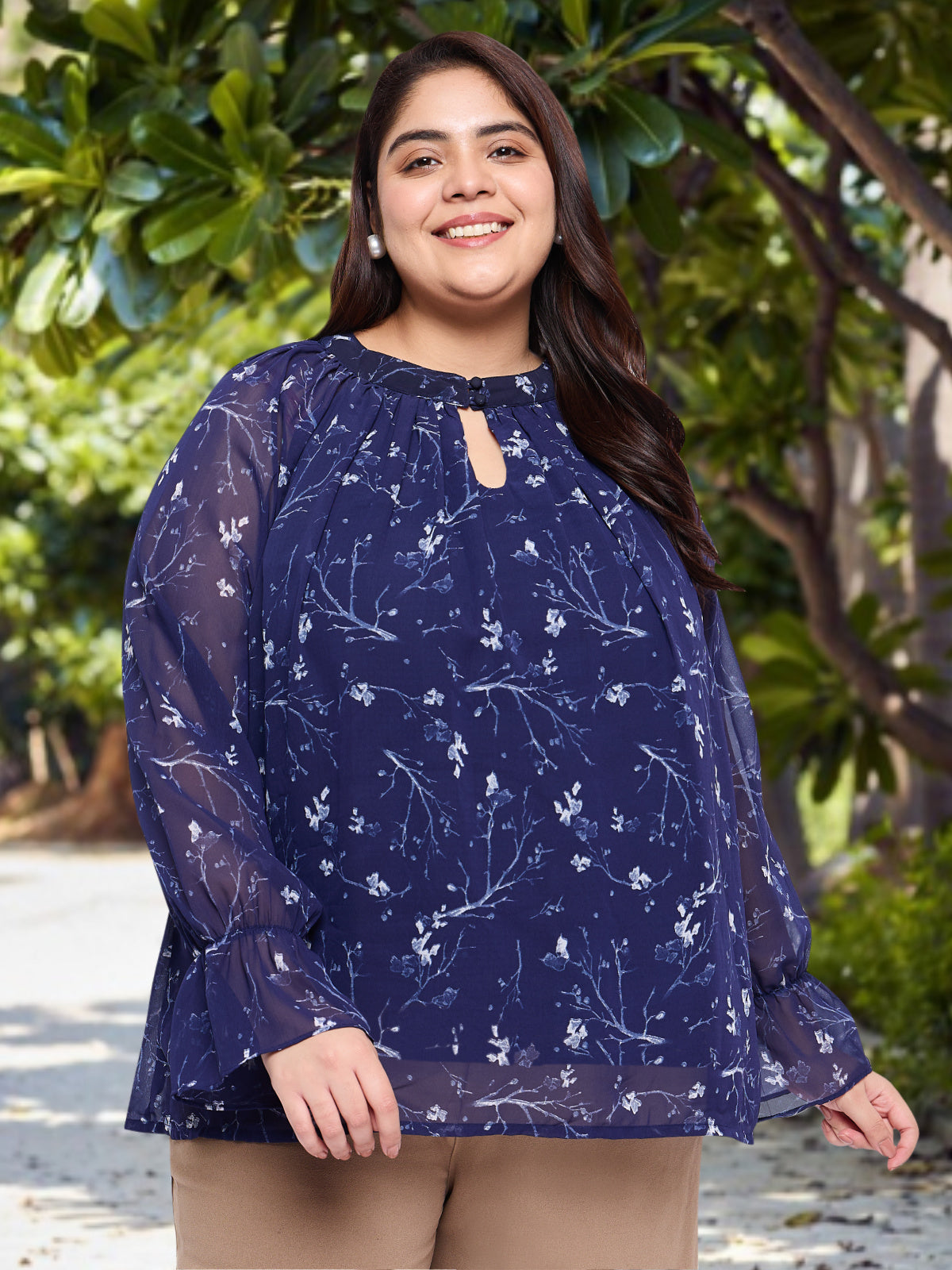Navy Blue Curve Plus Size Ruffled Sleeve Top