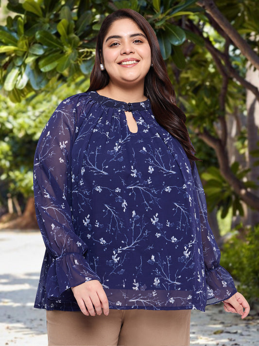 Navy Blue Curve Plus Size Ruffled Sleeve Top