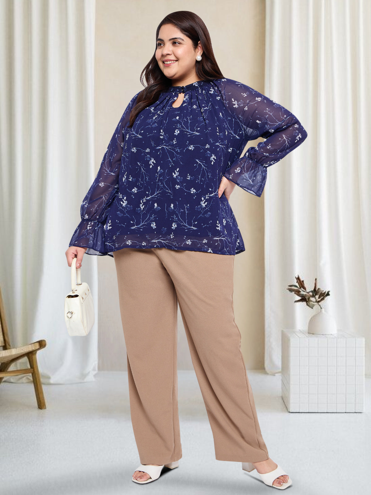 Navy Blue Curve Plus Size Ruffled Sleeve Top