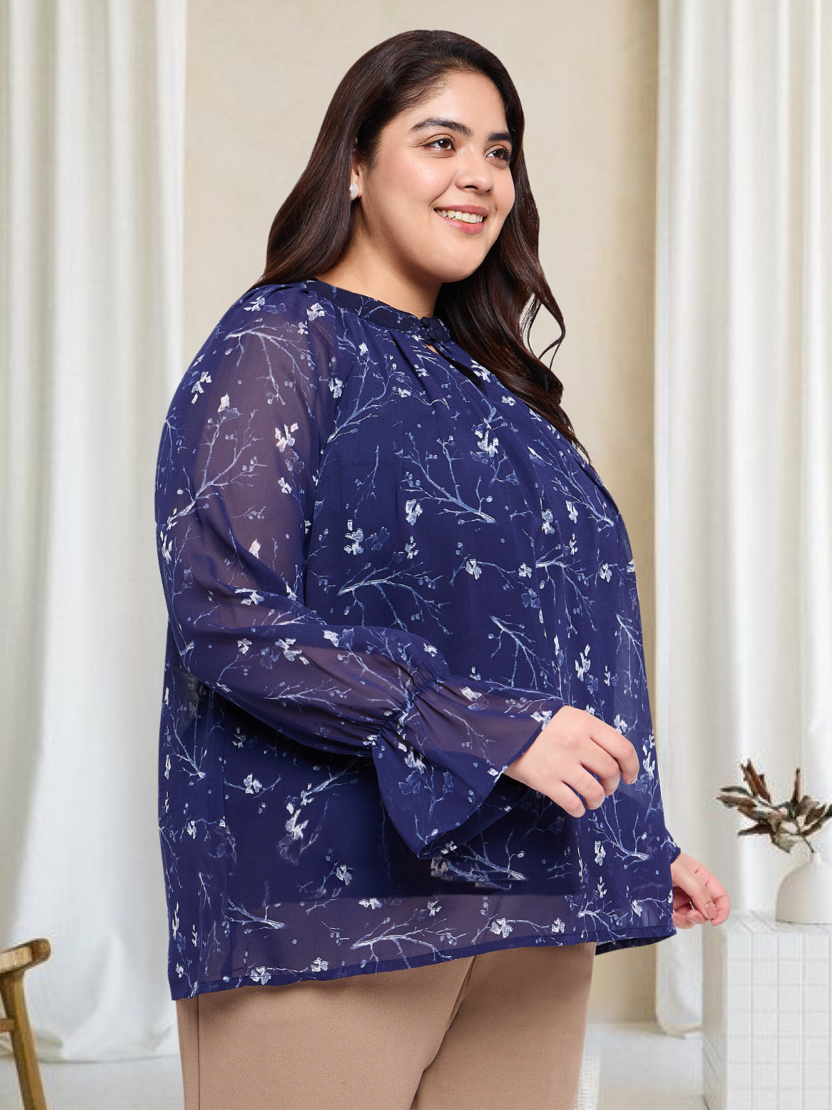 Navy Blue Curve Plus Size Ruffled Sleeve Top