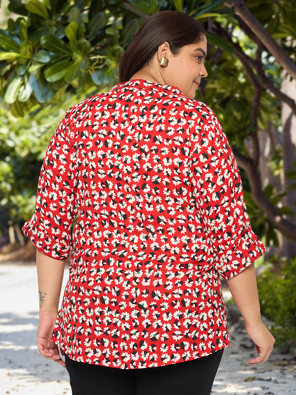 Women Black White Plus Size Buttoned Tunic Top