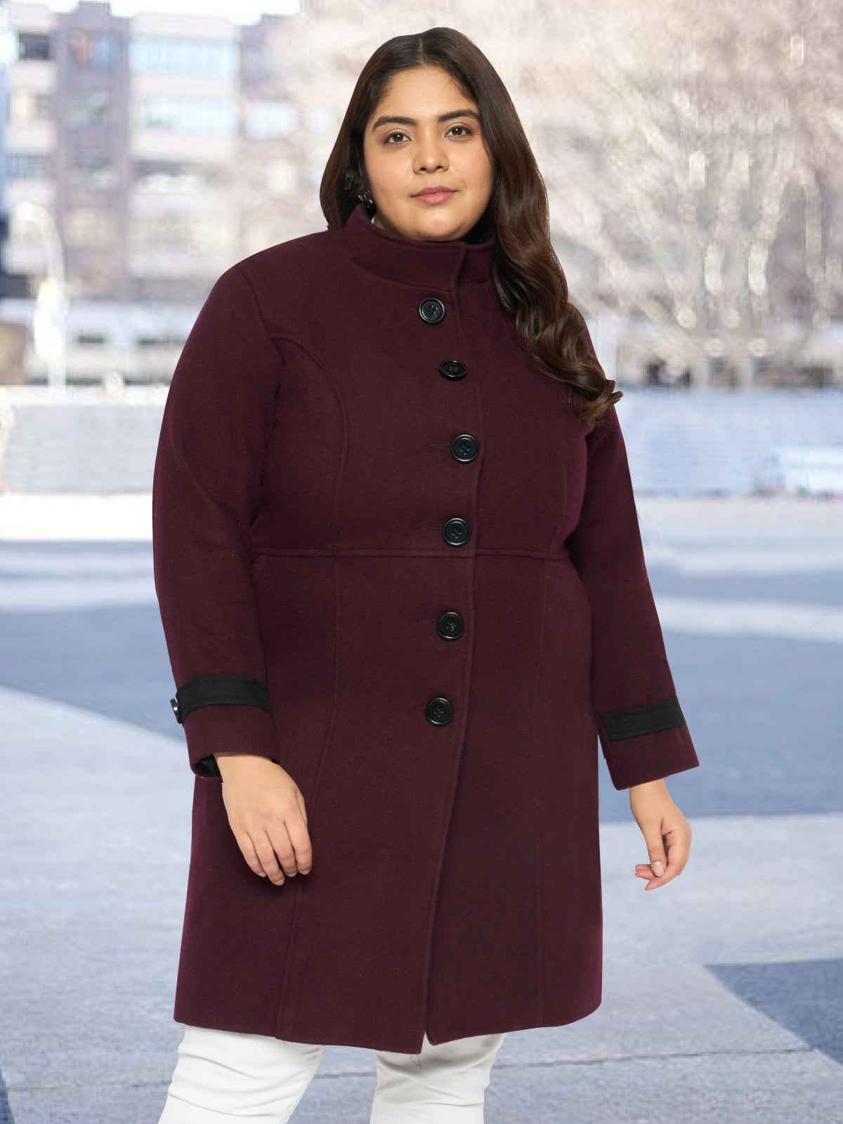Maroon Plus Size High Neck Woolen Coat