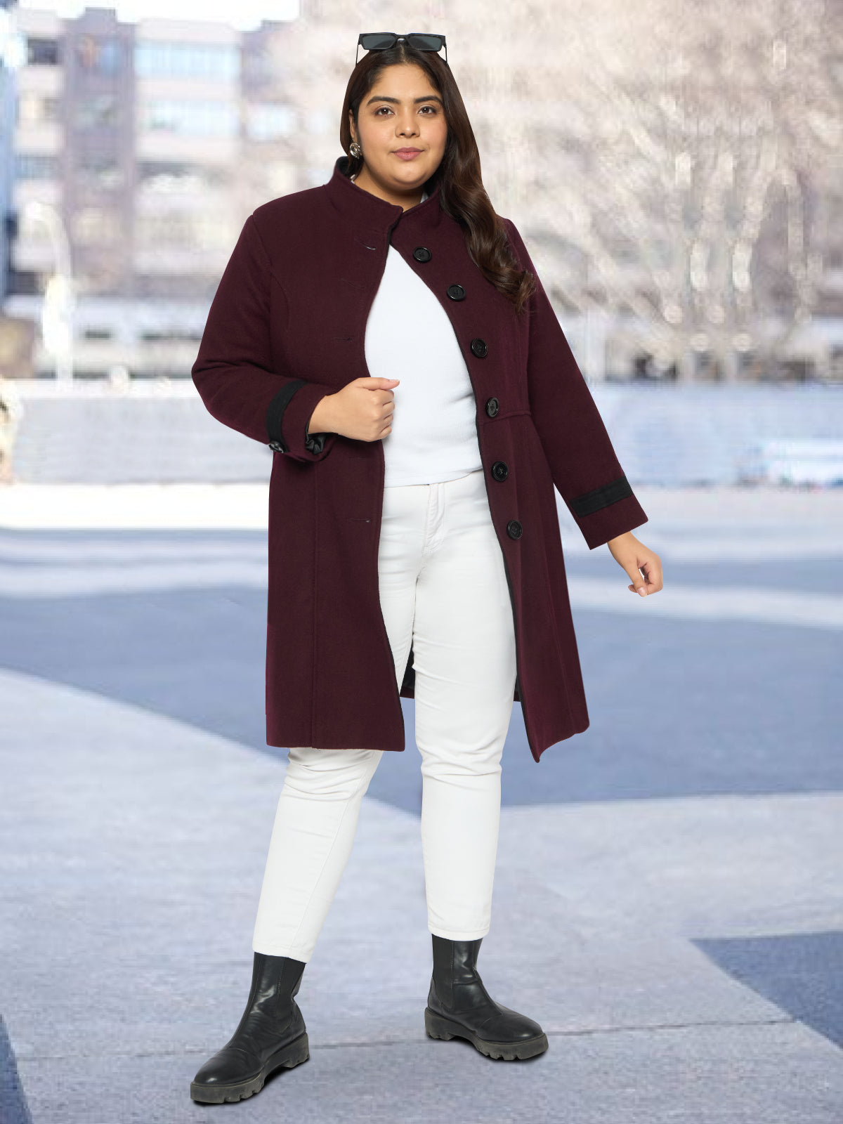 Maroon Plus Size High Neck Woolen Coat