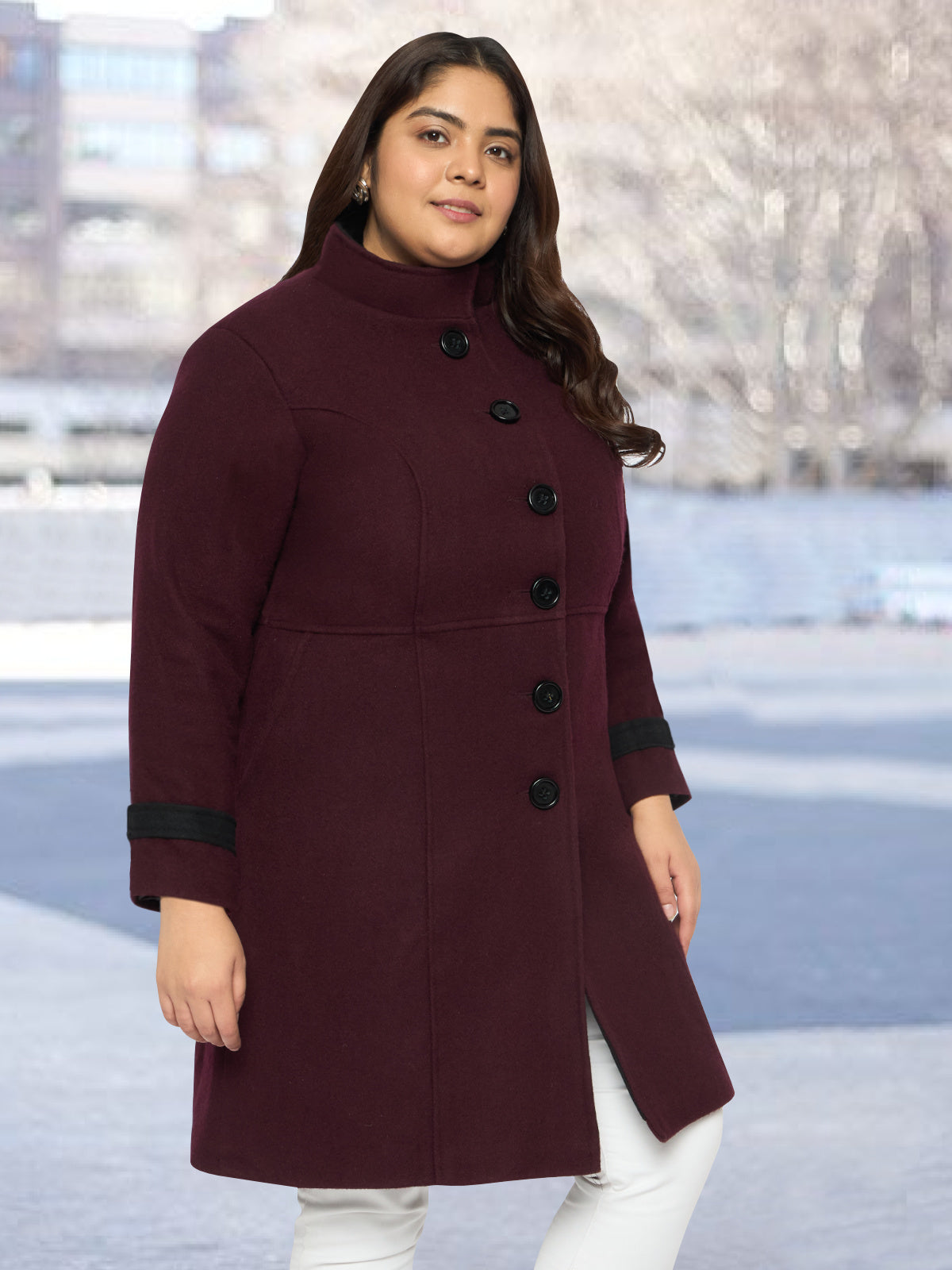 Maroon Plus Size High Neck Woolen Coat