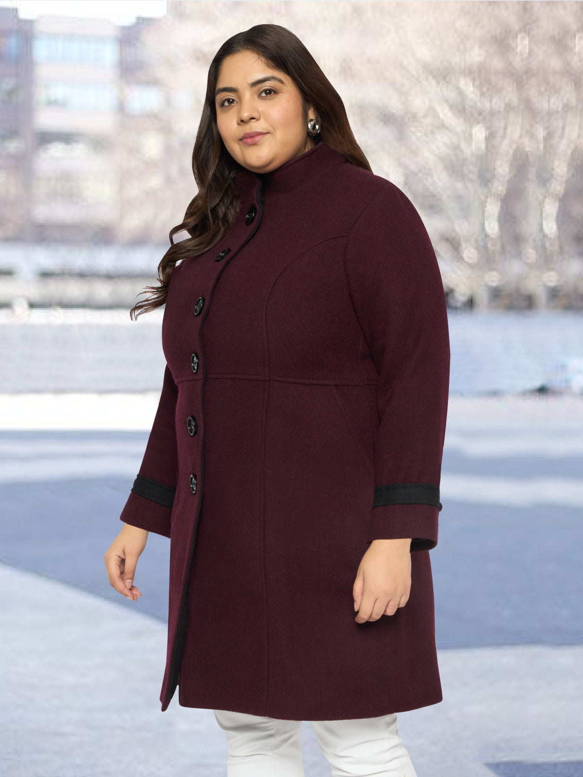 Maroon Plus Size High Neck Woolen Coat