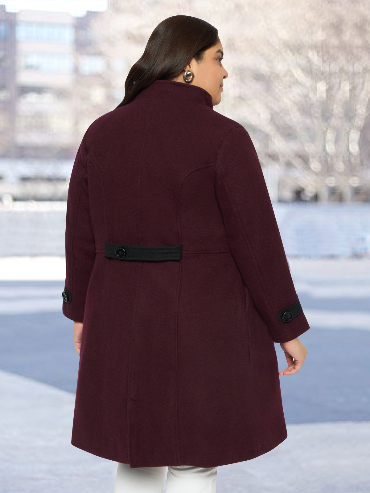 Maroon Plus Size High Neck Woolen Coat