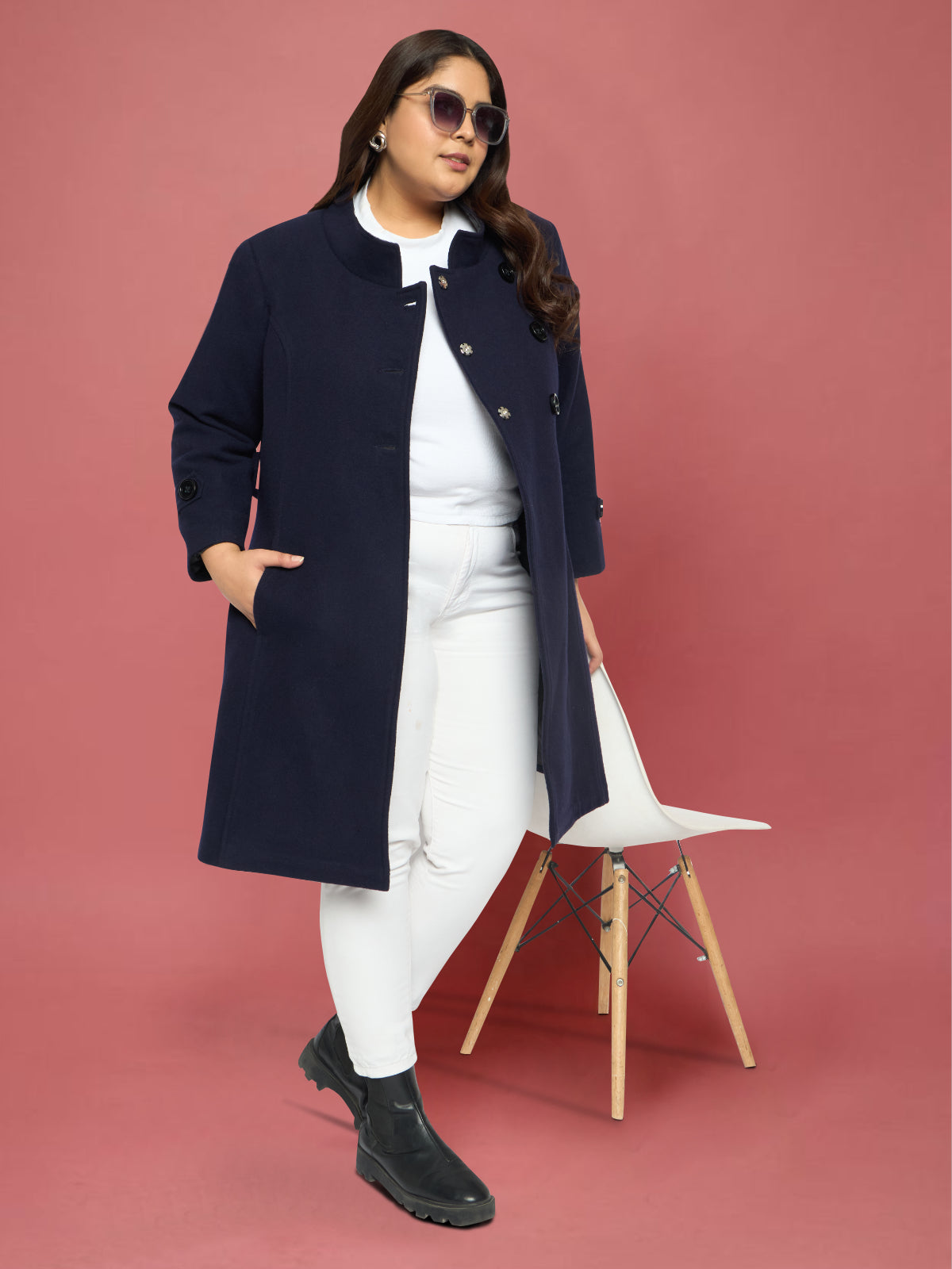 Navy Blue Plus Size Buttoned Woolen Coat