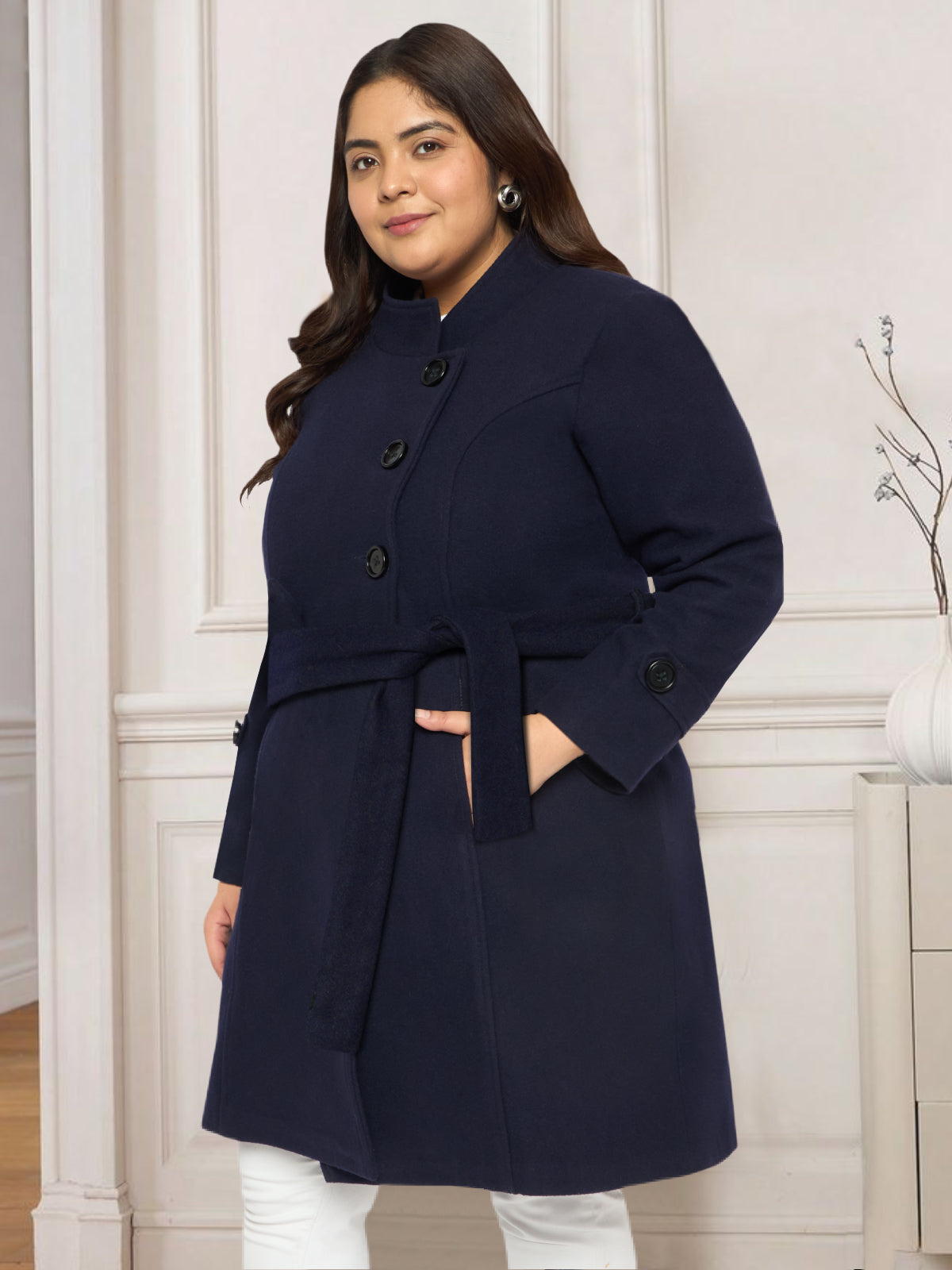 Navy Blue Plus Size Buttoned Woolen Coat