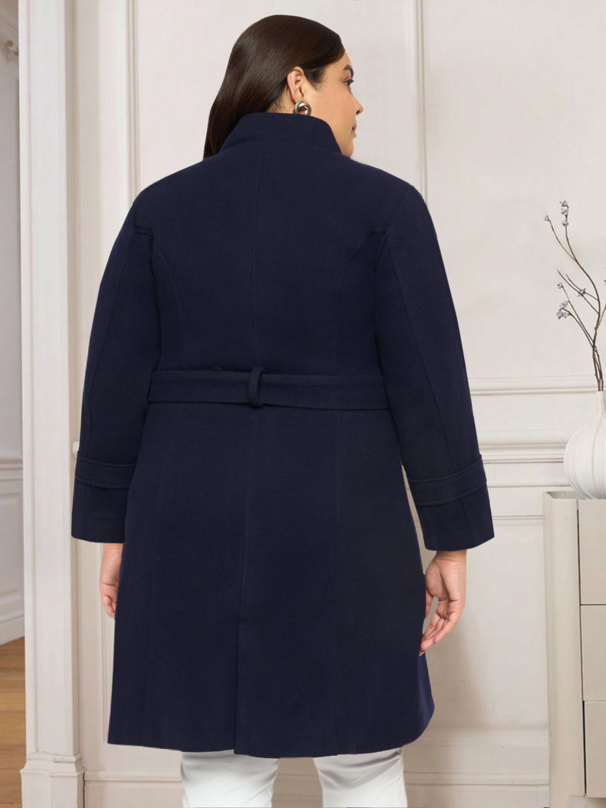 Navy Blue Plus Size Buttoned Woolen Coat