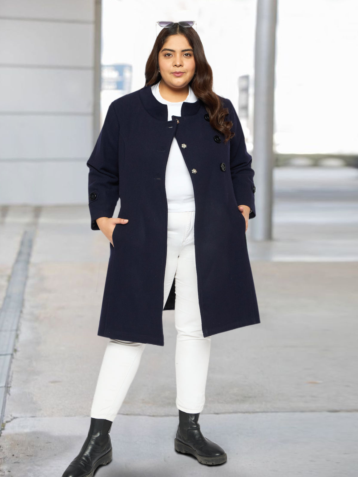 Navy Blue Plus Size Buttoned Woolen Coat