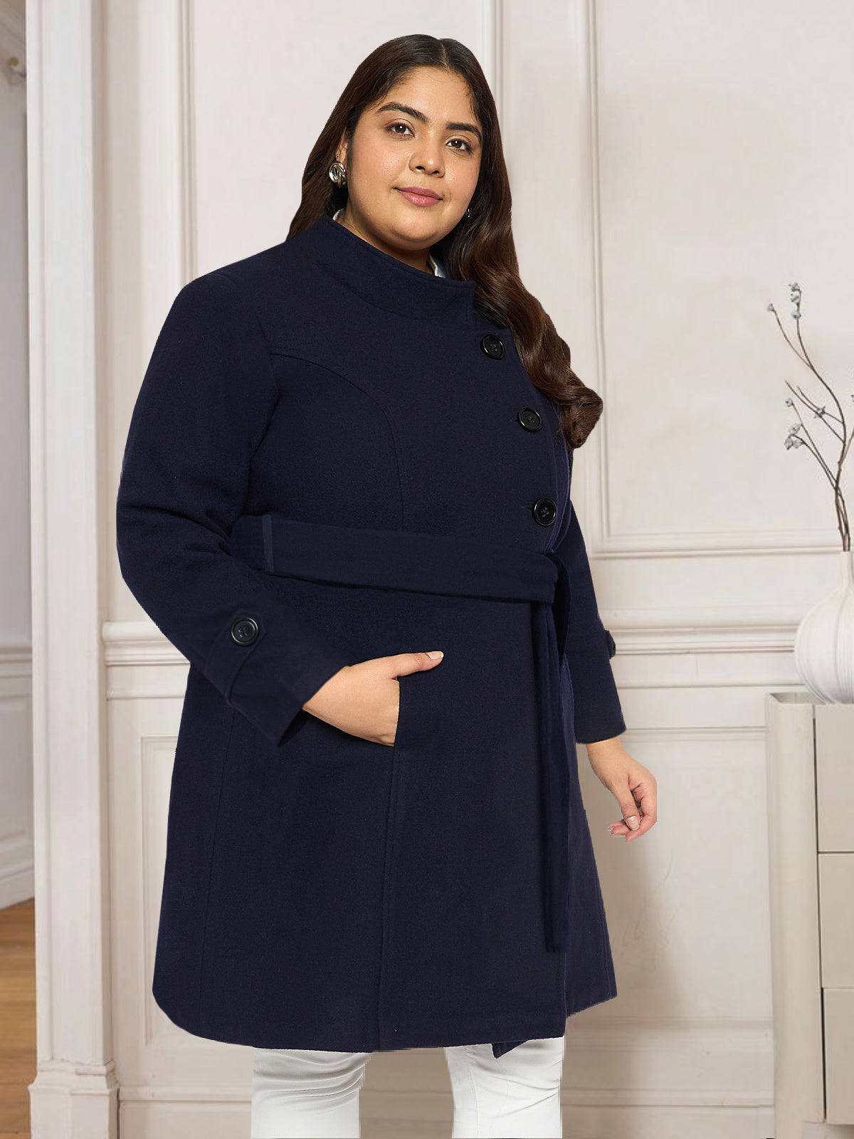 Navy Blue Plus Size Buttoned Woolen Coat