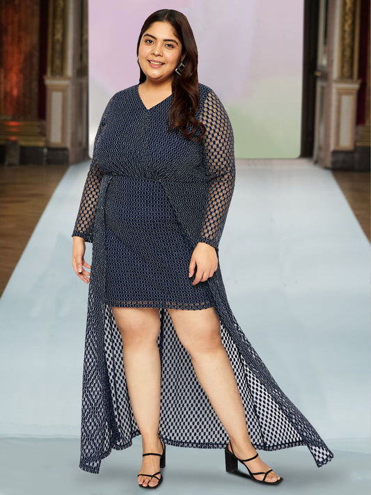 Women Blue Plus Size Honeycomb Overlay Dress