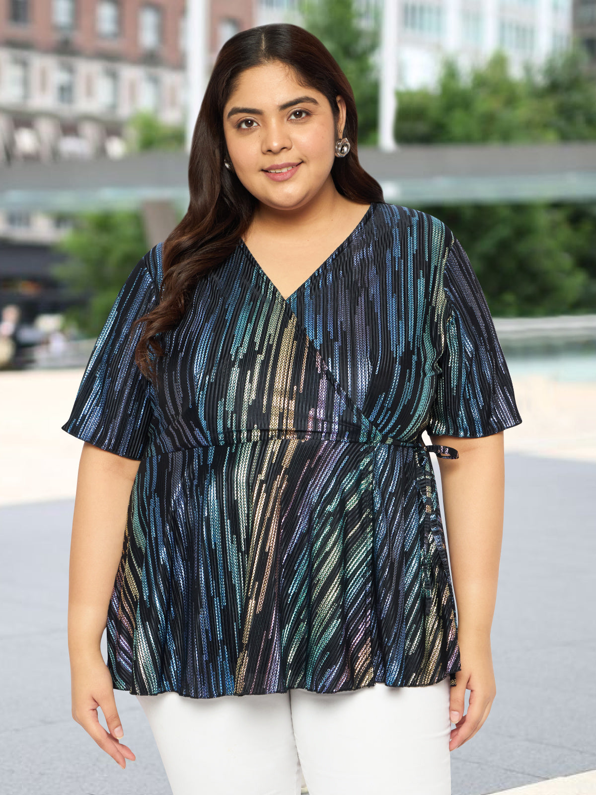 Women Black White Plus Size Buttoned Tunic Top