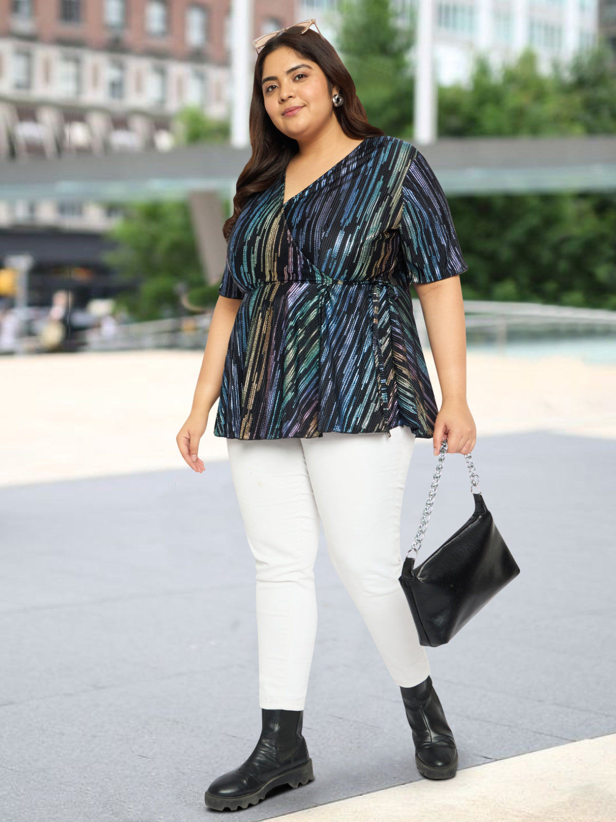 Women Black White Plus Size Buttoned Tunic Top