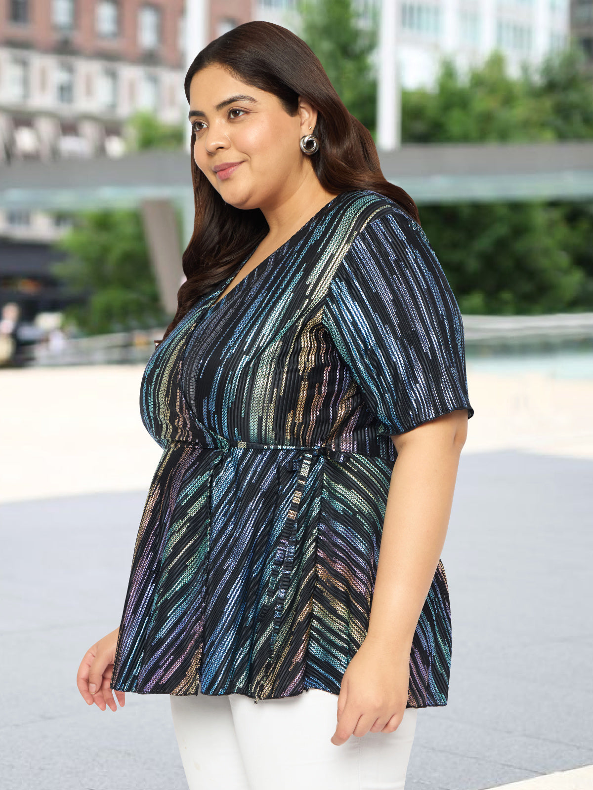 Women Black White Plus Size Buttoned Tunic Top