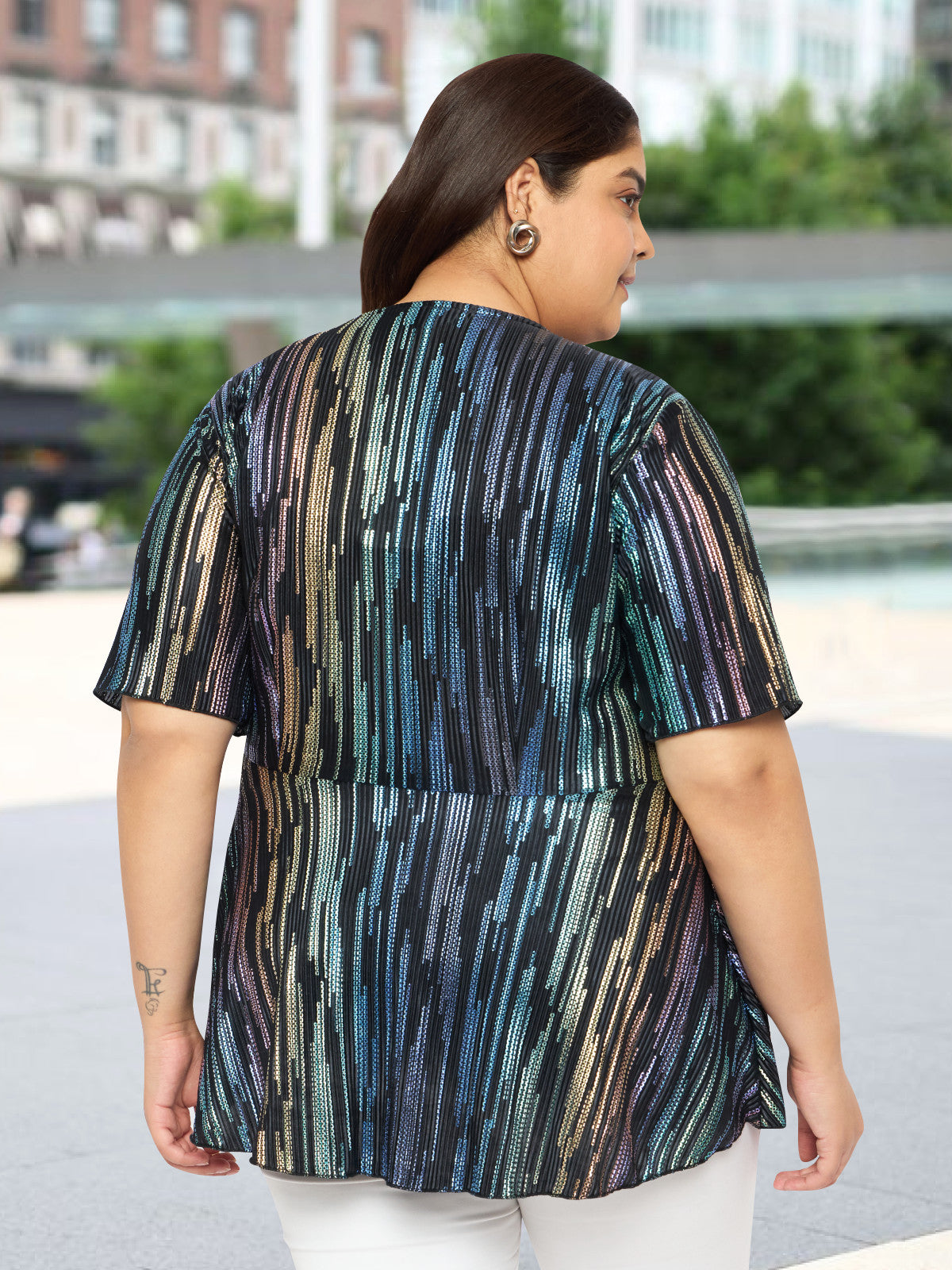 Women Black White Plus Size Buttoned Tunic Top
