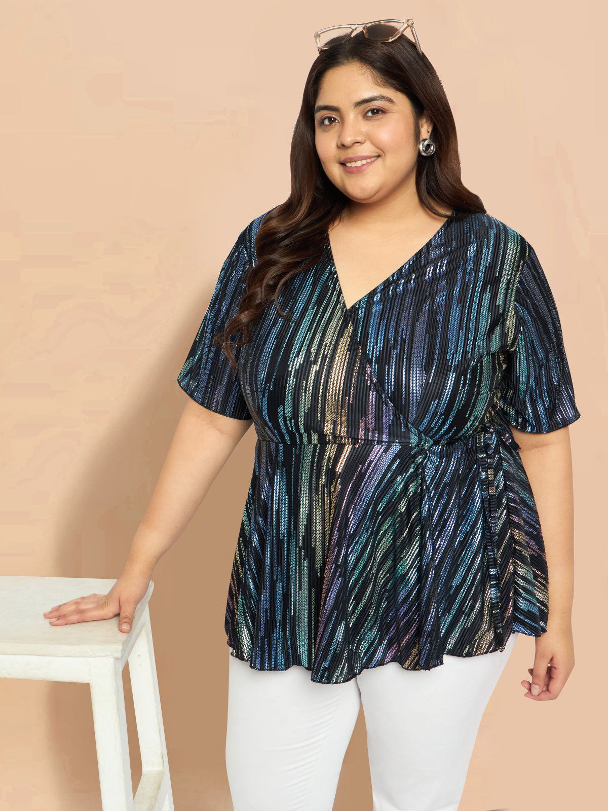 Women Black White Plus Size Buttoned Tunic Top