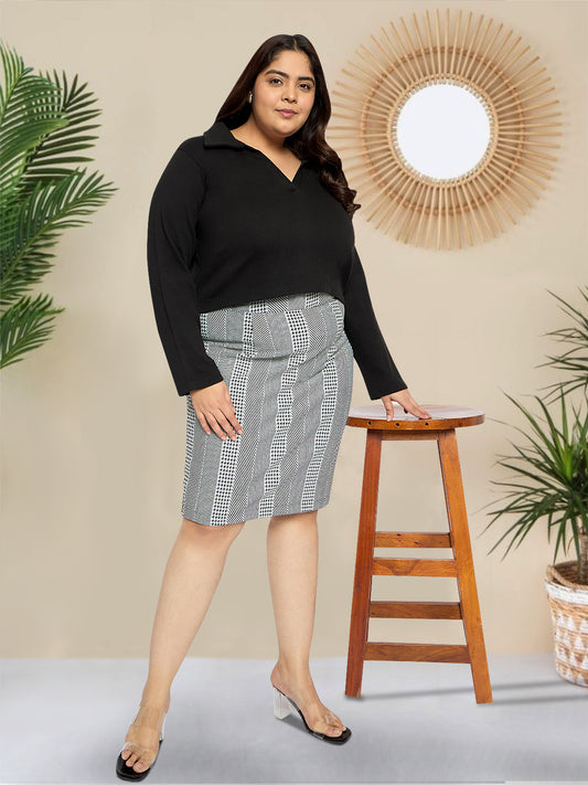 Black White Plus Size Extra Stretch Formal Skirt