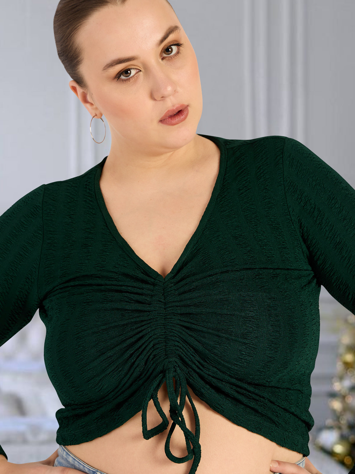 Bottle Green Plus Size Drawstring top