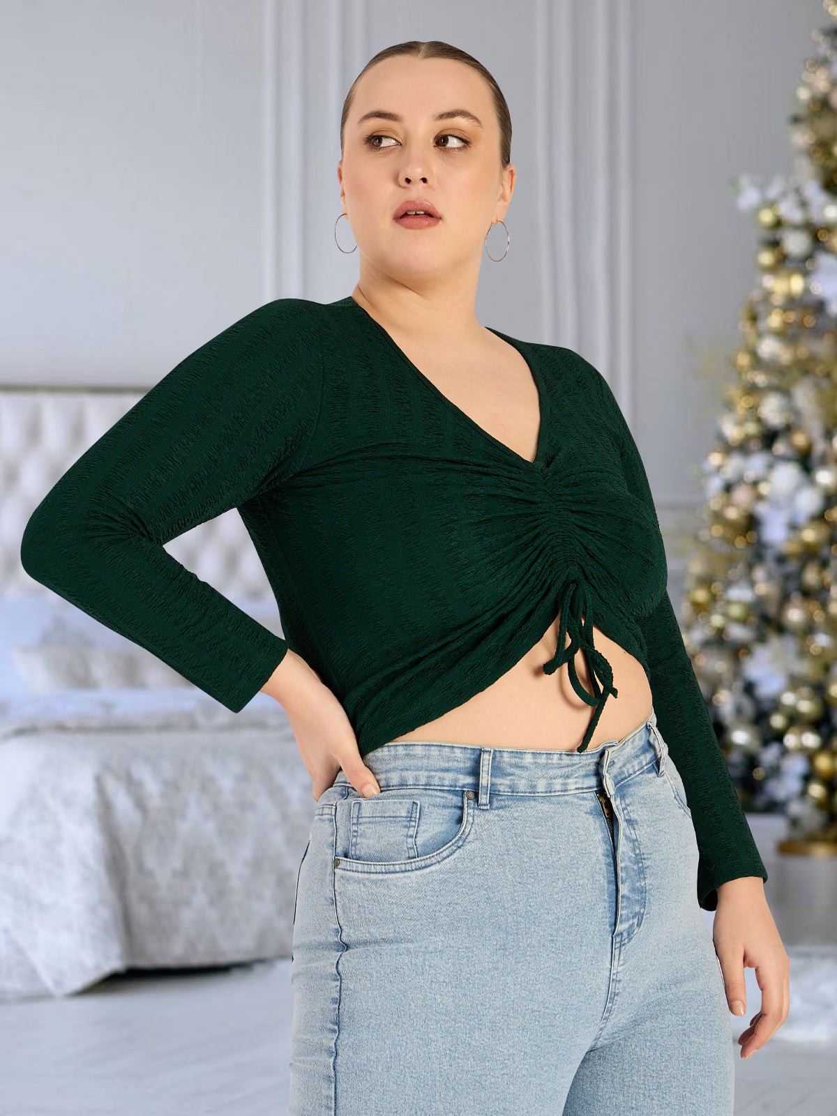 Bottle Green Plus Size Drawstring top