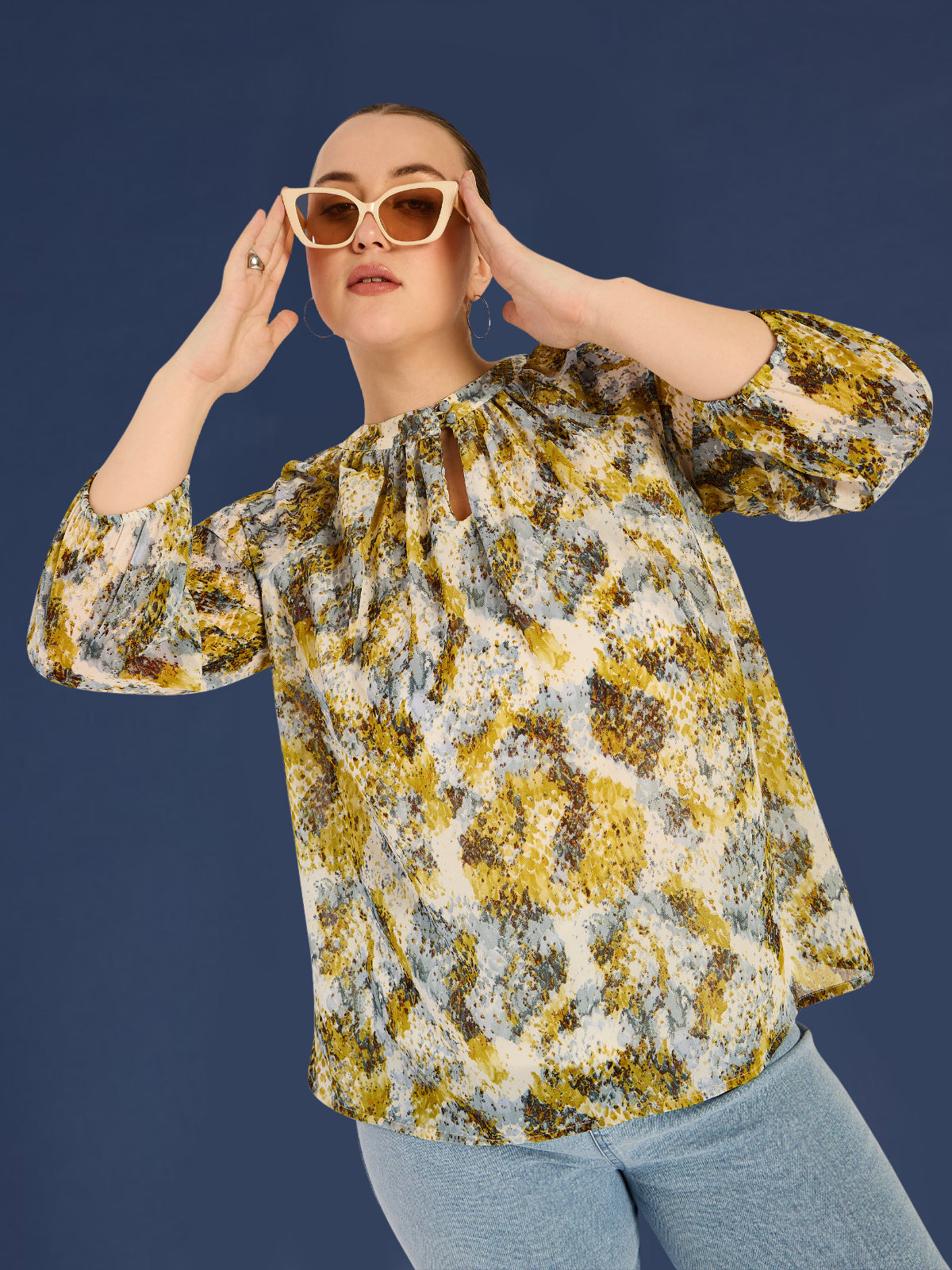 Women Black White Plus Size Buttoned Tunic Top